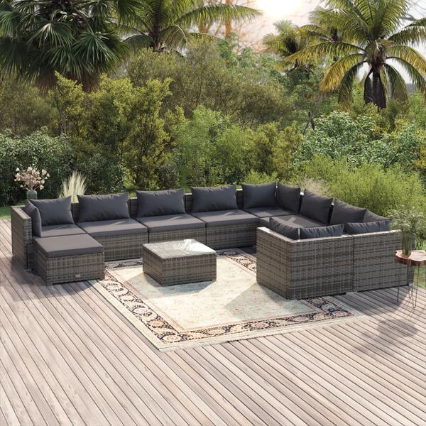 vidaXL Set de muebles de jardín 11 pzas y cojines ratán sintético gris