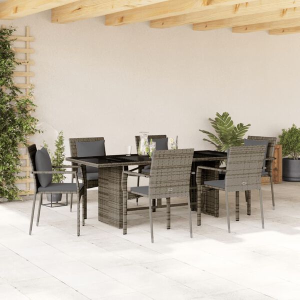 vidaXL Set comedor jard&iacute;n 7 pzas y cojines rat&aacute;n sint&eacute;tico gris