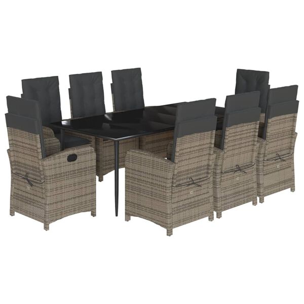 vidaXL Set comedor jard&iacute;n 9 pzas y cojines rat&aacute;n sint&eacute;tico gris