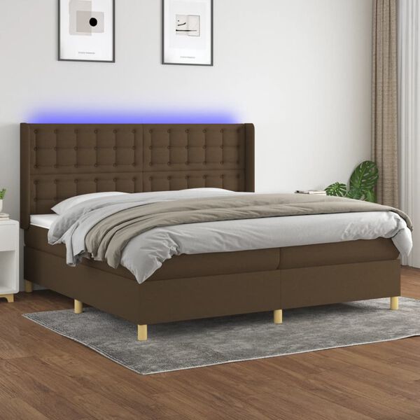 vidaXL Cama box spring colch&oacute;n luces LED tela marr&oacute;n oscuro 200x200 cm