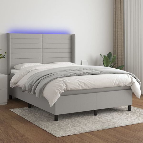vidaXL Cama box spring colch&oacute;n y luces LED tela gris claro 140x200 cm