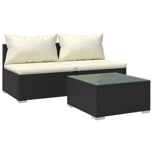 vidaXL Set de muebles de jard&iacute;n 3 pzas y cojines rat&aacute;n sint&eacute;tico negro