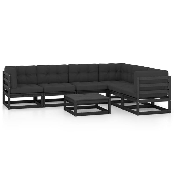 vidaXL Set de muebles de jard&iacute;n 7 pzas con cojines madera pino negro