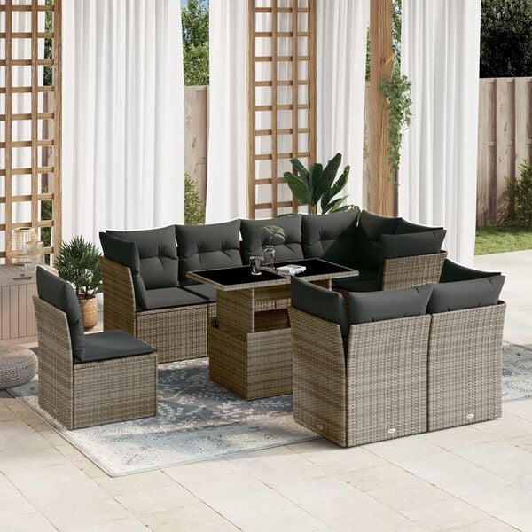 vidaXL Set de muebles de jard&iacute;n 9 pzas y cojines rat&aacute;n sint&eacute;tico gris