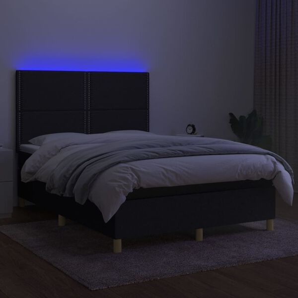 vidaXL Cama box spring colch&oacute;n y luces LED tela negro 140x200 cm