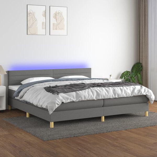 vidaXL Cama box spring con colch&oacute;n y LED tela gris oscuro 200x200 cm