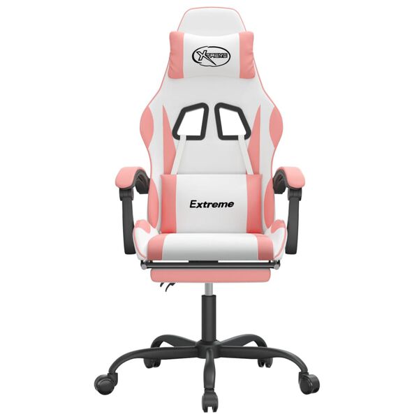 vidaXL Silla gaming giratoria y reposapiés cuero sintético blanco rosa