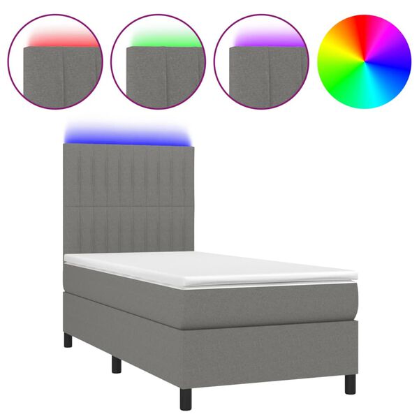 vidaXL Cama box spring colch&oacute;n y luces LED tela gris oscuro 90x200 cm