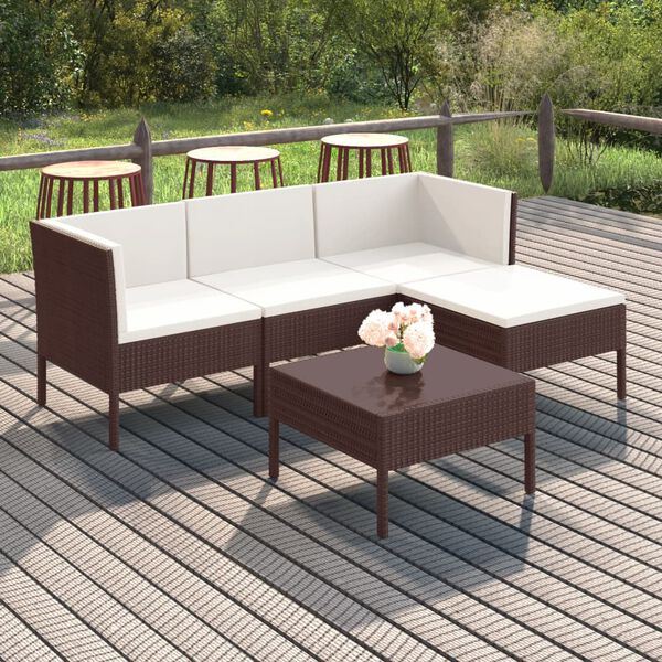 vidaXL Set muebles de jard&iacute;n 5 pzas y cojines rat&aacute;n sint&eacute;tico marr&oacute;n