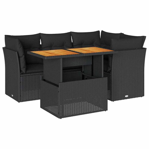 vidaXL Set de muebles de jard&iacute;n 5 pzas y cojines rat&aacute;n sint&eacute;tico negro