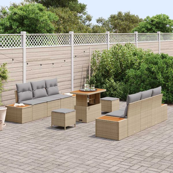 vidaXL Conjunto de sof&aacute;s de jard&iacute;n 9 pcs Beige rat&aacute;n sint&eacute;tico