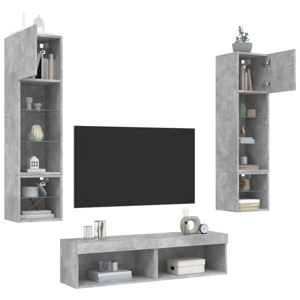 vidaXL Muebles TV pared con LED 6 pzas madera ingenier&iacute;a gris hormig&oacute;n