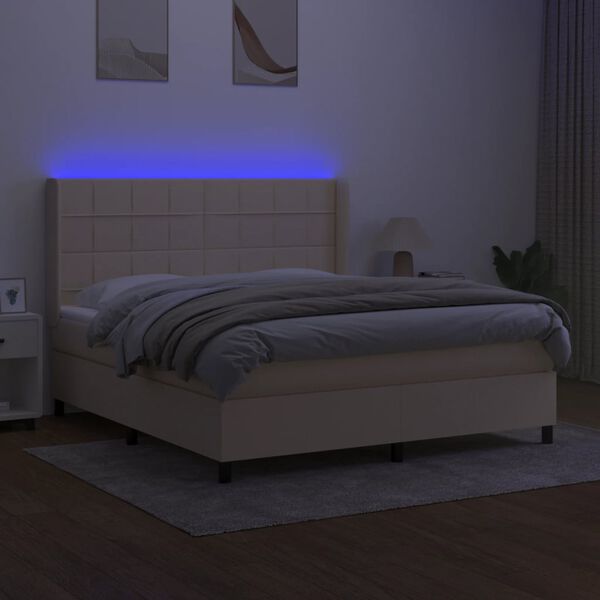vidaXL Cama box spring colch&oacute;n y luces LED tela crema 160x200 cm