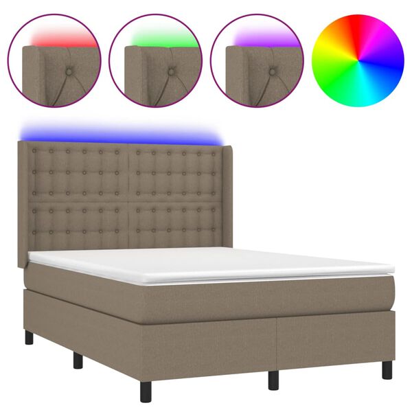vidaXL Cama box spring colch&oacute;n y luces LED tela gris taupe 140x200 cm