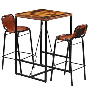 vidaXL Set muebles bar 3 pzas madera reciclada cuero cabra aut&eacute;ntico