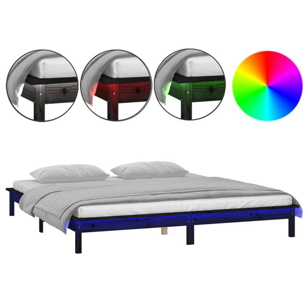 vidaXL Estructura de cama con LED madera maciza negra 160x200 cm