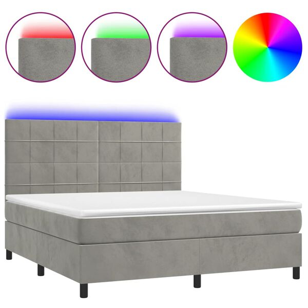vidaXL Cama box spring colch&oacute;n y LED terciopelo gris claro 180x200 cm