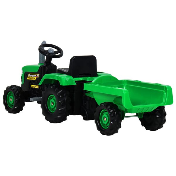 vidaXL Tractor de pedales para niños con remolque verde y negro