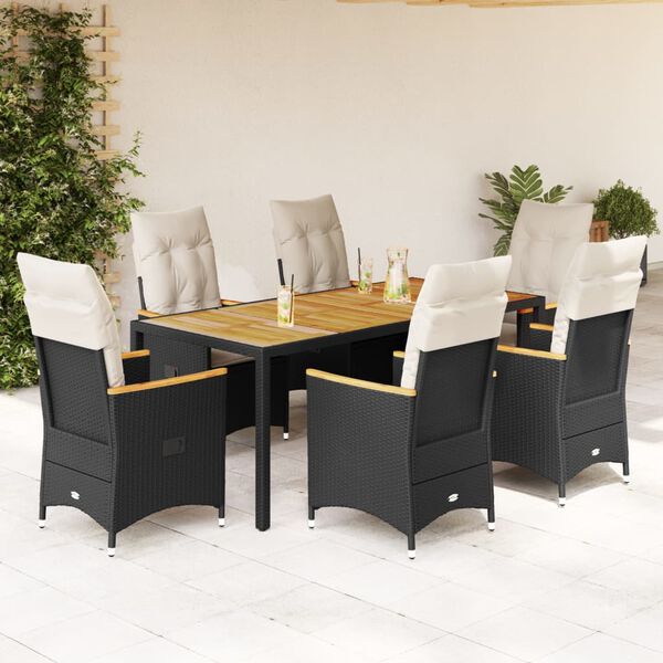 vidaXL Set de comedor de jard&iacute;n 7 pzas y cojines rat&aacute;n sint&eacute;tico negro