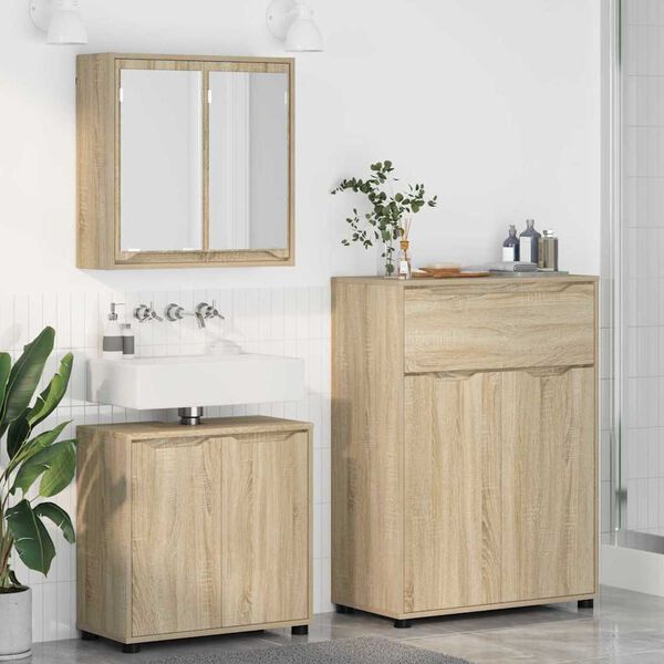 vidaXL Juego de muebles de ba&ntilde;o con caj&oacute;n con rueda 3 pcs Roble Sonoma