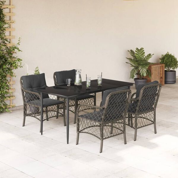 vidaXL Set comedor de jard&iacute;n 5 piezas con cojines rat&aacute;n sint&eacute;tico gris