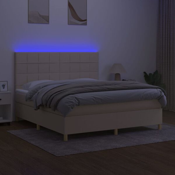 vidaXL Cama box spring colch&oacute;n y luces LED tela crema 160x200 cm