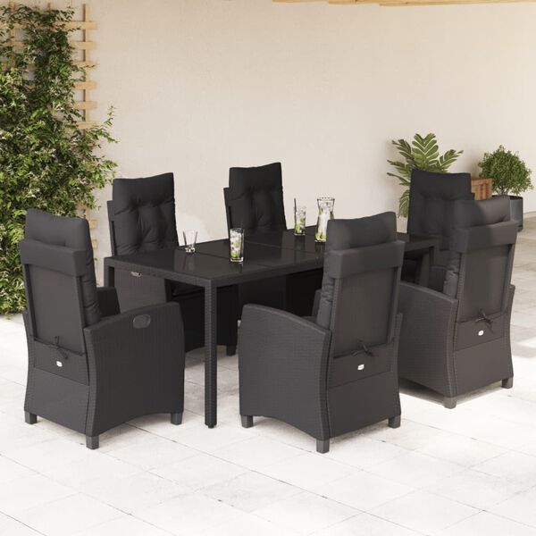 vidaXL Set de comedor de jard&iacute;n 7 pzas y cojines rat&aacute;n sint&eacute;tico negro