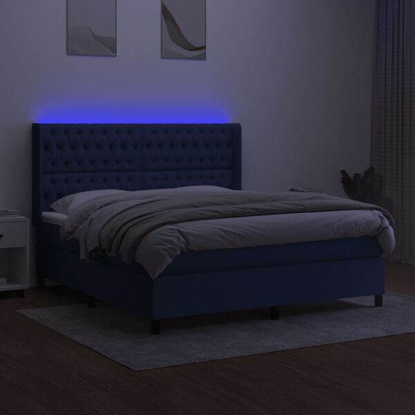 vidaXL Cama box spring colch&oacute;n y luces LED tela azul 160x200 cm