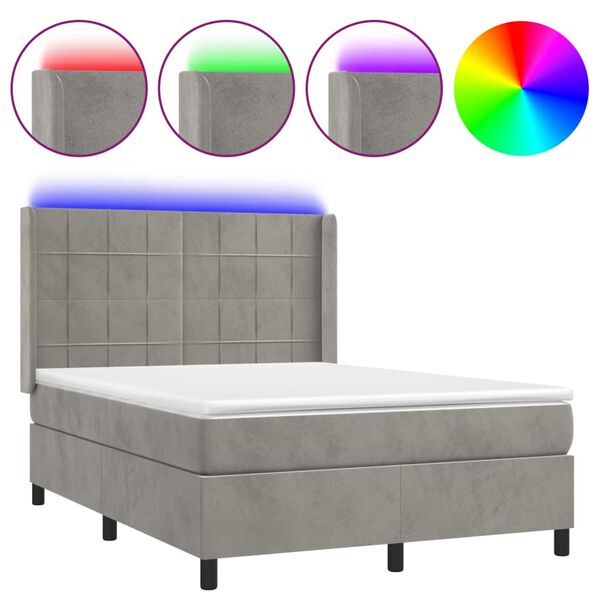 vidaXL Cama box spring colch&oacute;n y LED terciopelo gris claro 140x200 cm