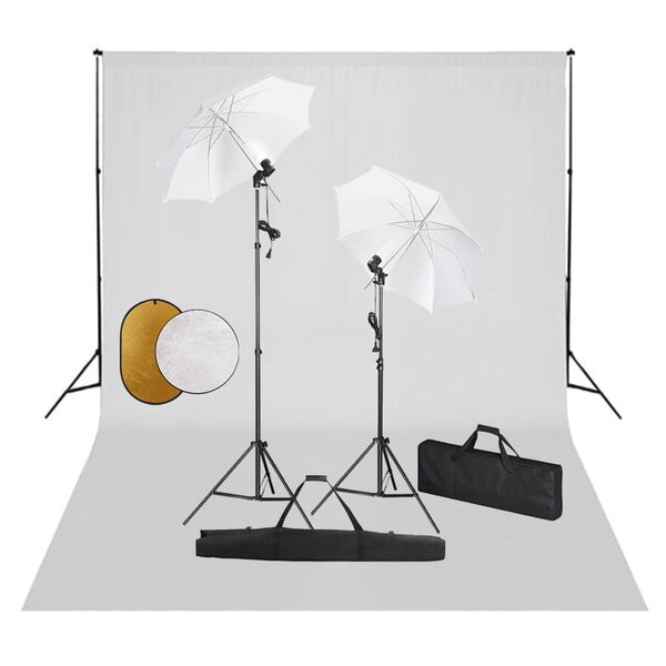 vidaXL Kit estudio fotogr&aacute;fico l&aacute;mparas sombrillas fondo y reflector