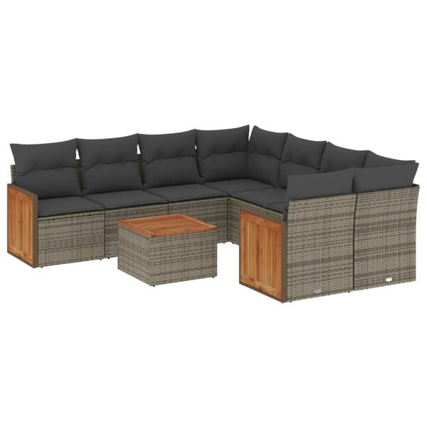 vidaXL Set de muebles de jard&iacute;n 9 pzas y cojines rat&aacute;n sint&eacute;tico gris