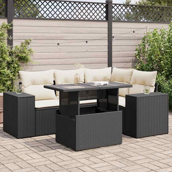 vidaXL Set de muebles de jard&iacute;n 5 pzas y cojines rat&aacute;n sint&eacute;tico negro