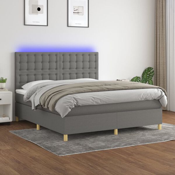 vidaXL Cama box spring colch&oacute;n y luces LED tela gris oscuro 160x200 cm