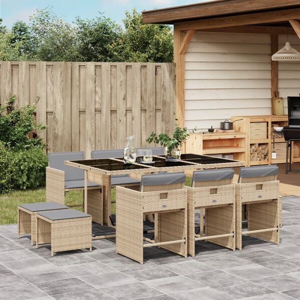 vidaXL Set comedor de jard&iacute;n 11 pzas con cojines rat&aacute;n sint&eacute;tico beige
