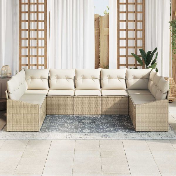 vidaXL Conjunto de sof&aacute; de jard&iacute;n 9 pcs Beige Polirat&aacute;n