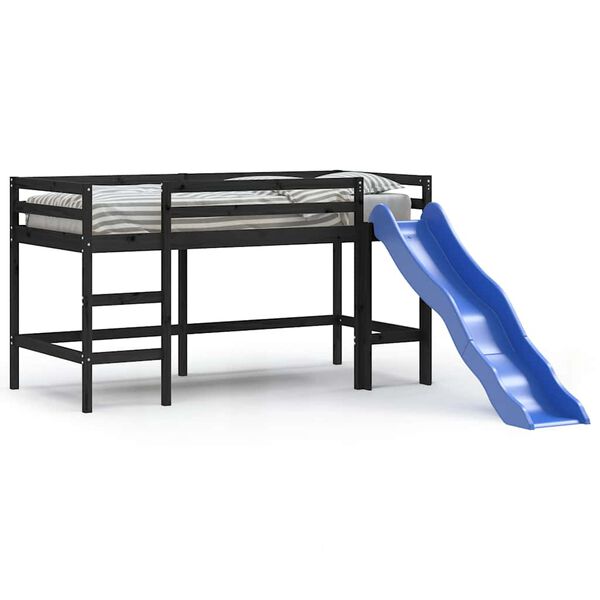vidaXL Cama alta de niños con tobogán madera maciza negra 90x190 cm