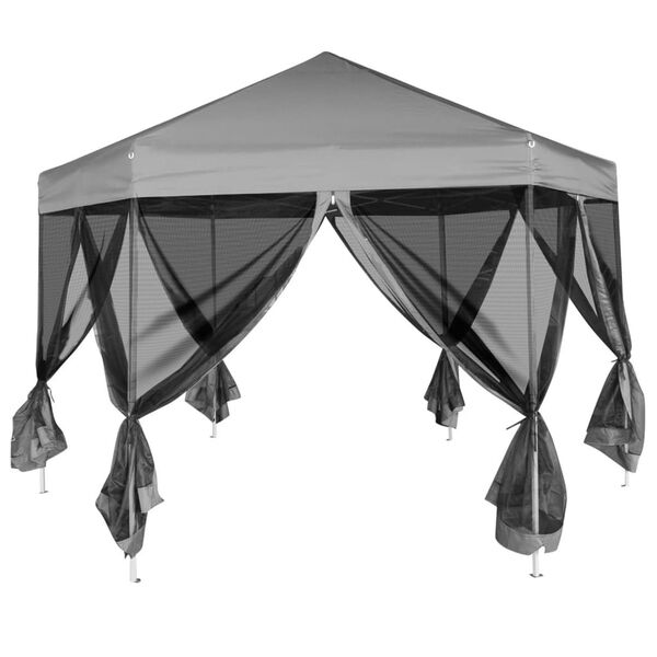 vidaXL Carpa desplegable hexagonal 6 paredes laterales gris 3,6x3,1 m