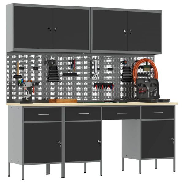 vidaXL Armario de trabajo 10 pcs Negro Madera Ingenierizada y Acero