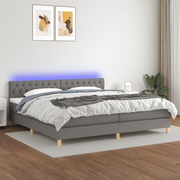 vidaXL Cama box spring con colch&oacute;n y LED tela gris oscuro 200x200 cm