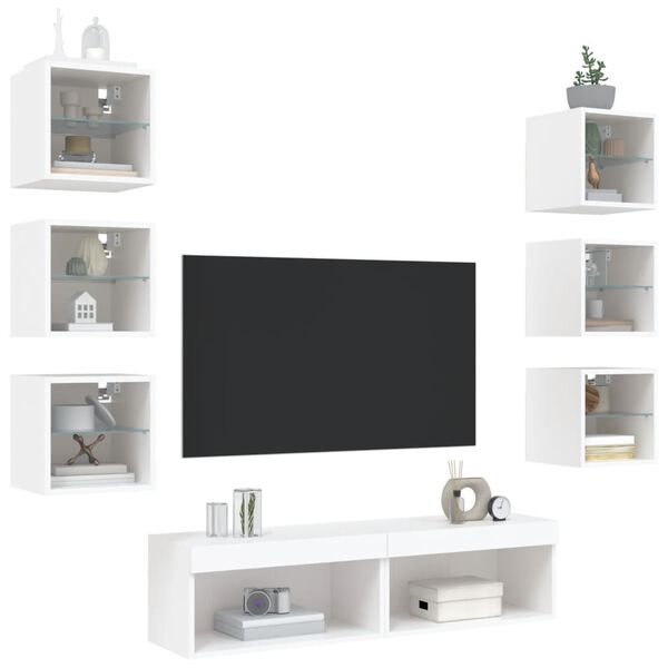 vidaXL Muebles de TV de pared con LED 8 pzas madera ingenier&iacute;a blanco