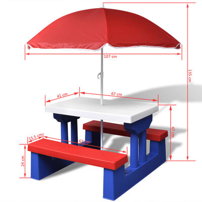 vidaXL Mesa de picnic y bancos para niños y sombrilla multicolor