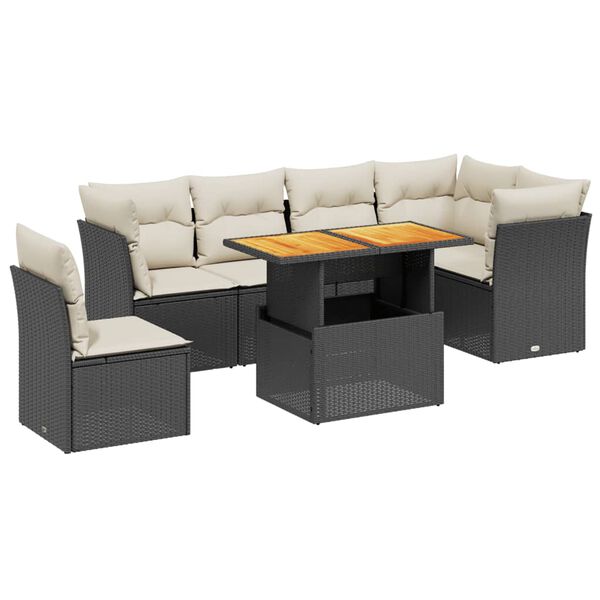 vidaXL Set de comedor de jard&iacute;n 7 pzas y cojines rat&aacute;n sint&eacute;tico negro