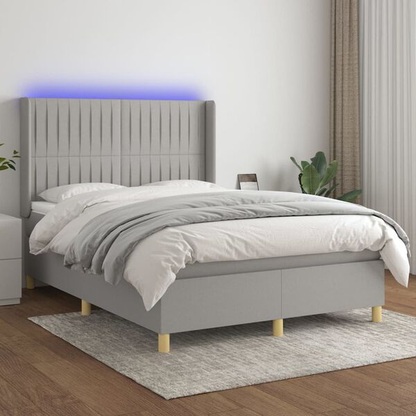 vidaXL Cama box spring colch&oacute;n y luces LED tela gris claro 140x190 cm