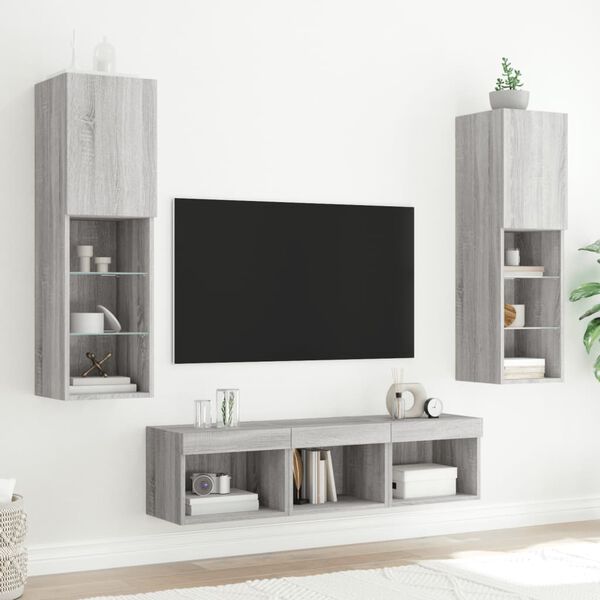 vidaXL Muebles TV pared con LED 5 pzas madera ingenier&iacute;a gris Sonoma