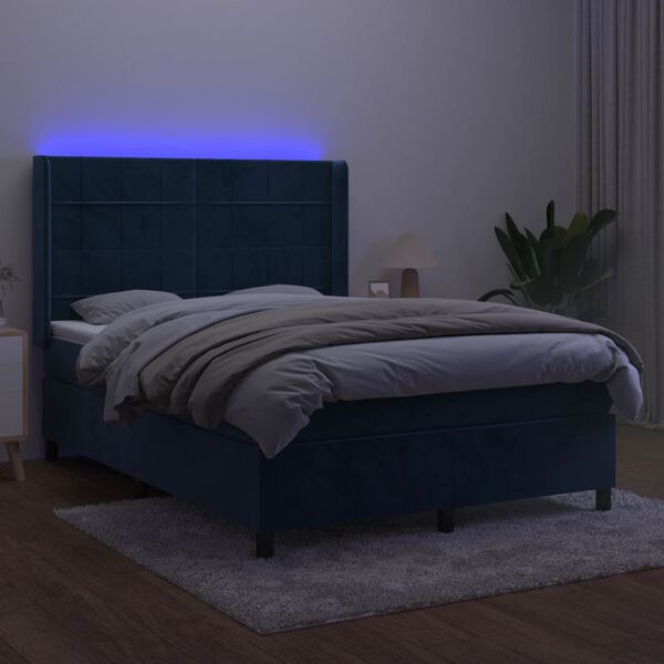 vidaXL Cama box spring colch&oacute;n y LED terciopelo azul oscuro 140x200 cm