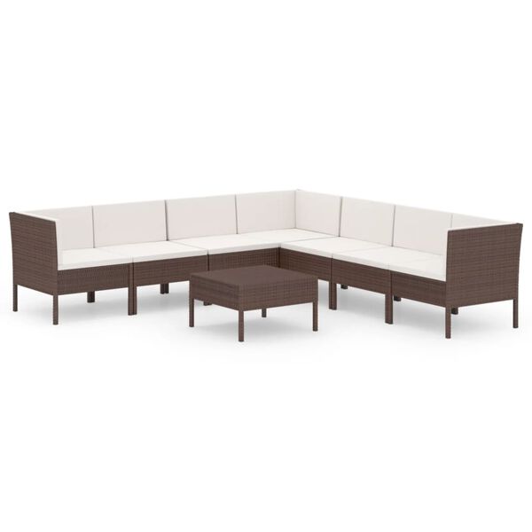 vidaXL Set muebles de jard&iacute;n 8 pzas y cojines rat&aacute;n sint&eacute;tico marr&oacute;n