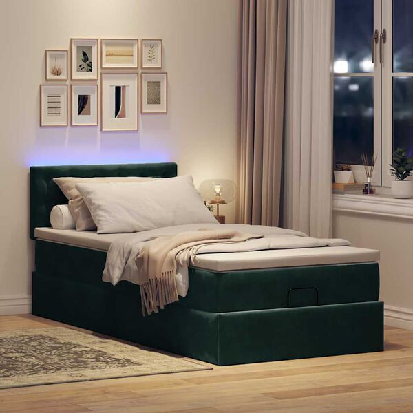 vidaXL Cama otomana con colch&oacute;n y LED terciopelo verde oscuro 80x200cm