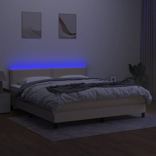 vidaXL Cama box spring colch&oacute;n y luces LED tela crema 180x200 cm