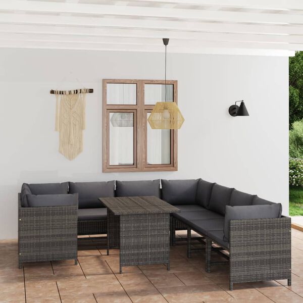vidaXL Set de muebles de jard&iacute;n 9 pzas y cojines rat&aacute;n sint&eacute;tico gris