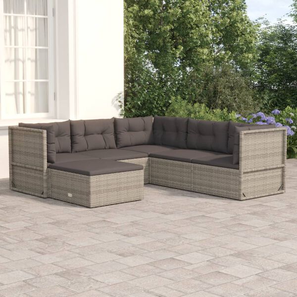 vidaXL Set de muebles de jardín 6 pzas y cojines ratán sintético gris